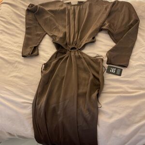 Elegant Brown silky Long Sleeve Dress